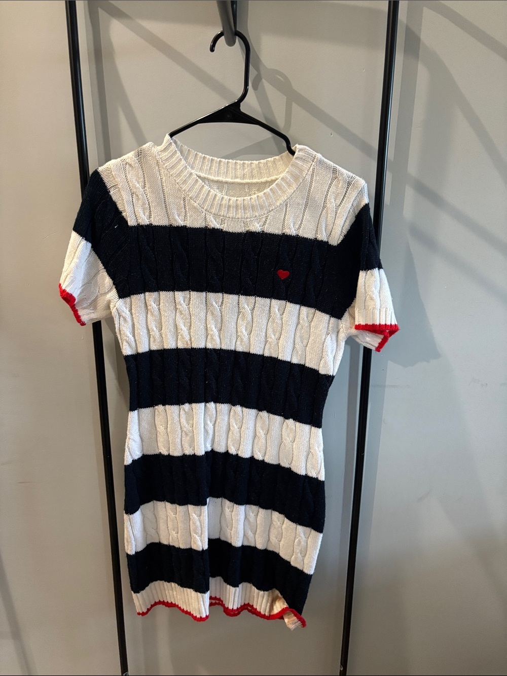 Navy & White Striped Cable-Knit Kids Dress with Red Trim